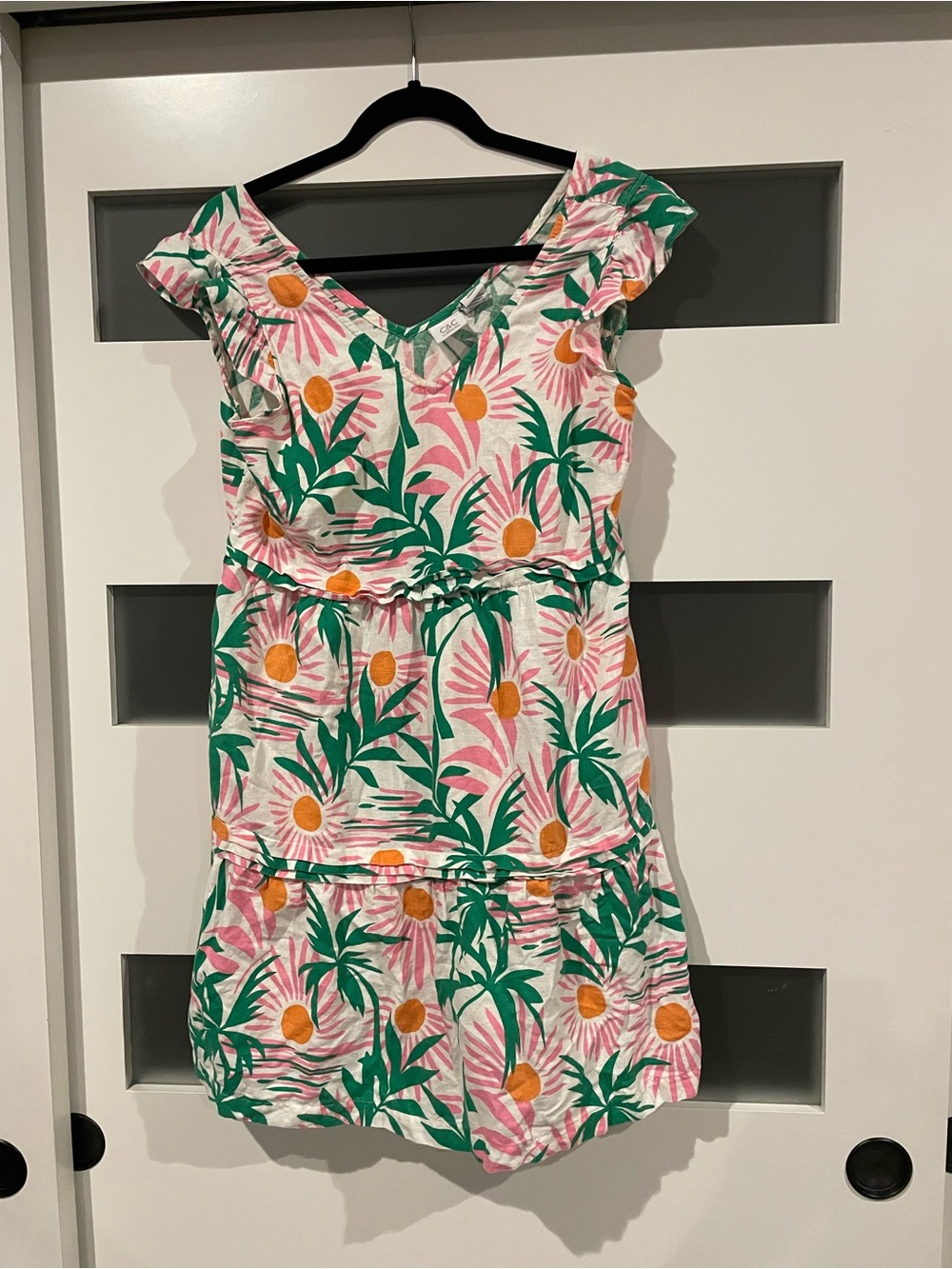 C&C California Pink Floral & Green Palm Mini Dress with Orange Accents